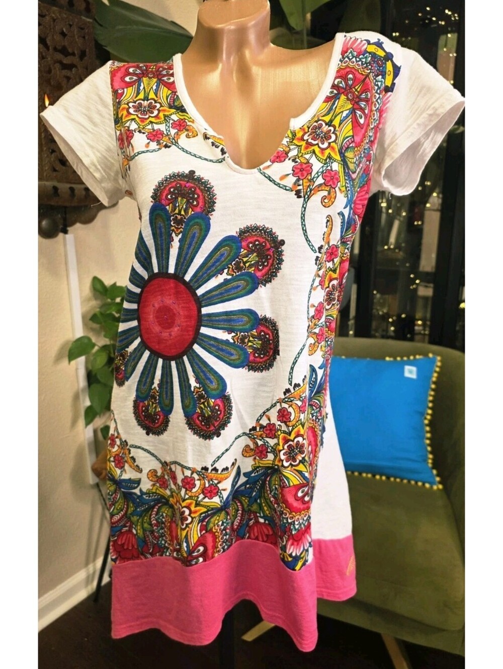 Desigual Mandala Flower Dress Womens Medium White Pink Tunic Top Short Sleeve